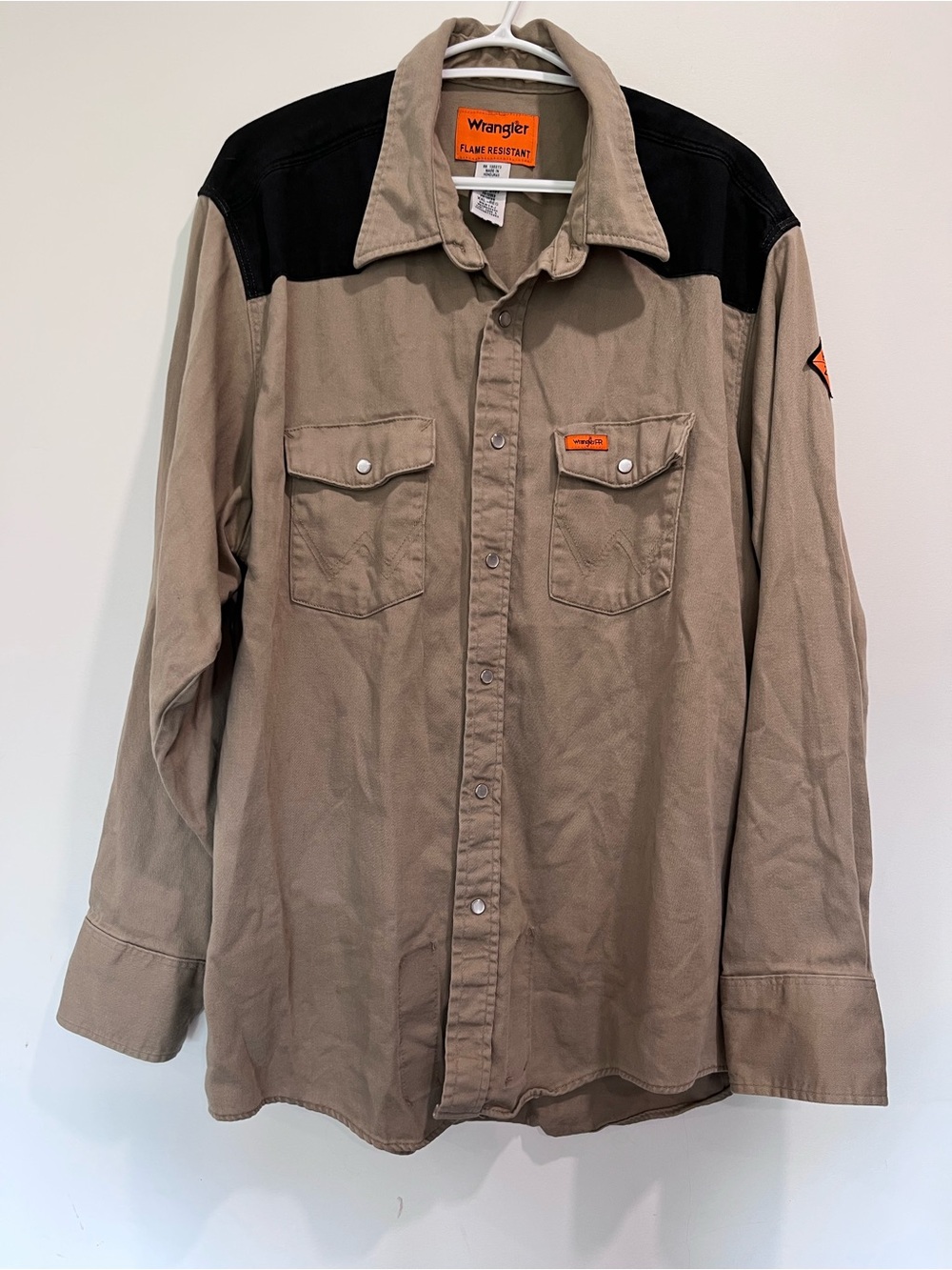 Wrangler XXL Two-Tone Pearl Snap FR Long SleeveWork Shirt in Tan and Black HRC2